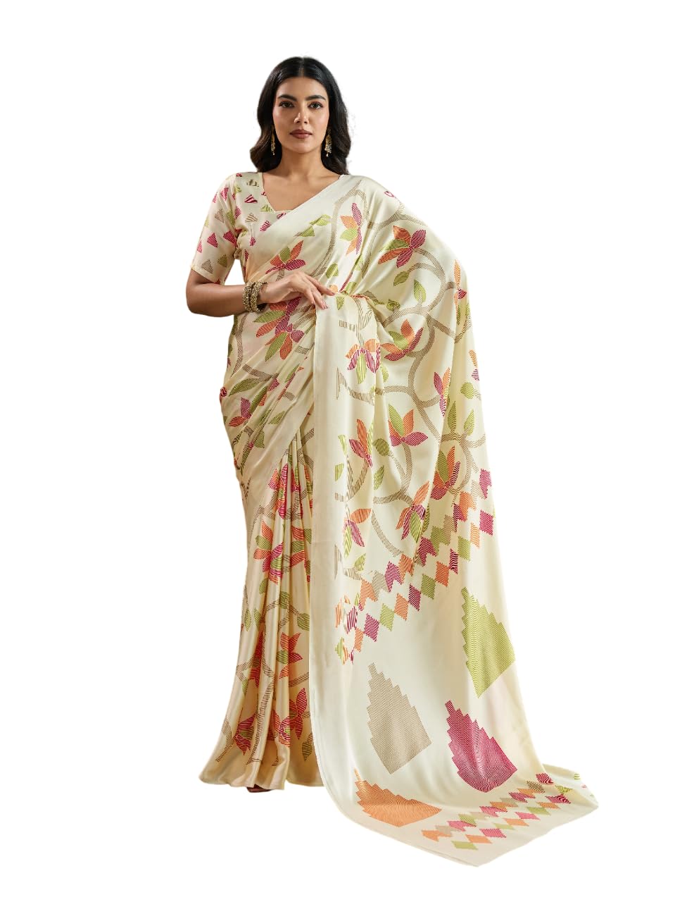 BRAHMAKHODAL Modal Silk Ajrakh Saree Traditional Ikkat Nakshi Digital Printed Designer Pallu Attach Blouse Piece (White2)