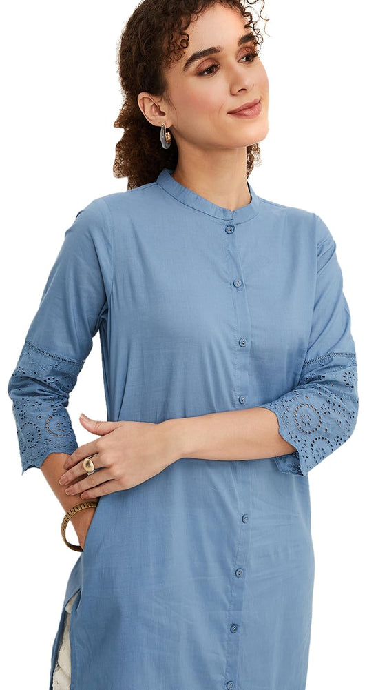 Max Women's Cotton Blend Straight Fit Kurta (WWDR31006BLUE_Blue