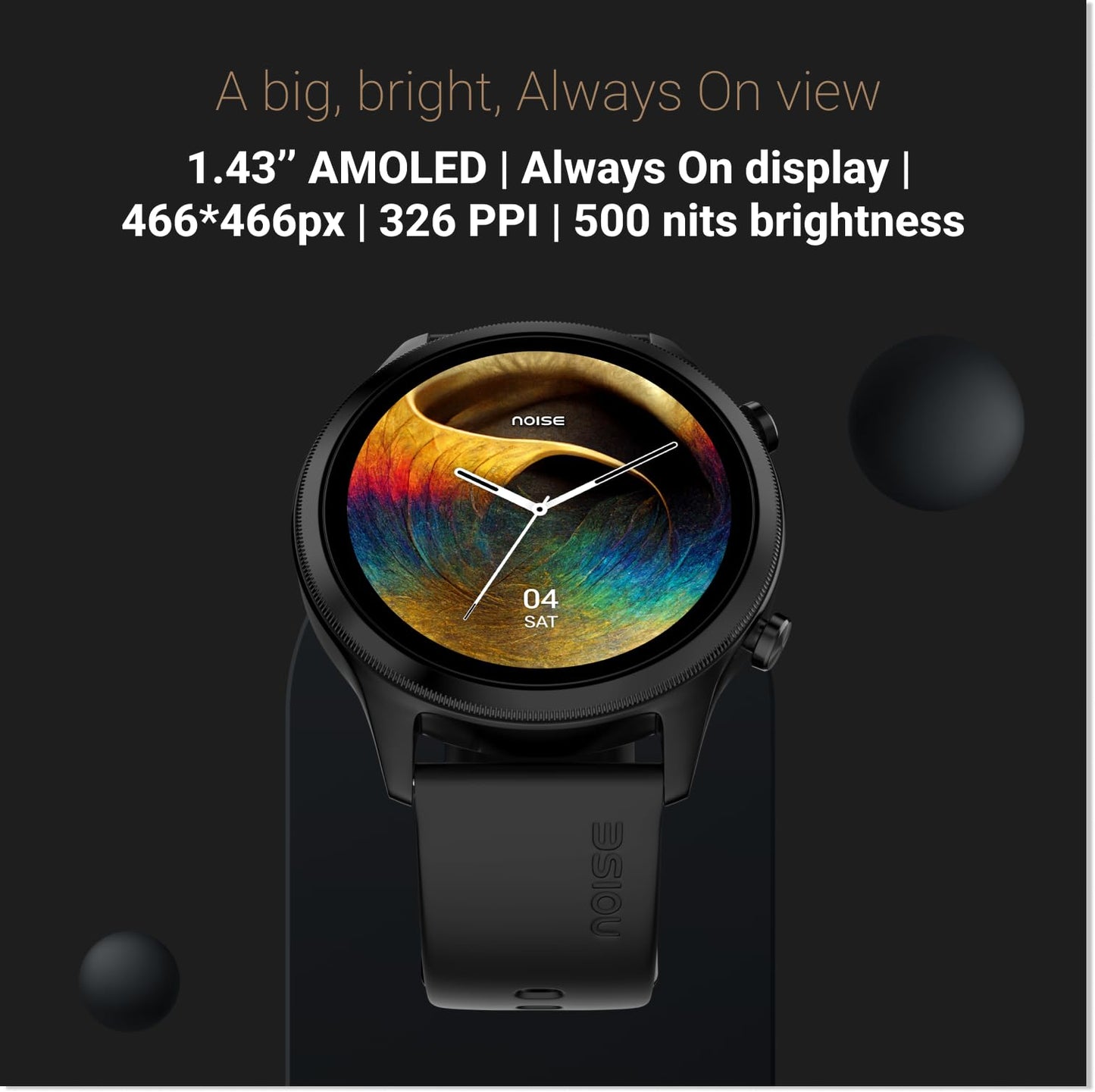 Noise Evolve 3 1.43" AMOLED Always on Display, BT Calling, Round Dial, Metallic Design Smart Watch for Man & Woman, Smart Gesture Control, 100 Sports Modes (Carbon Black)