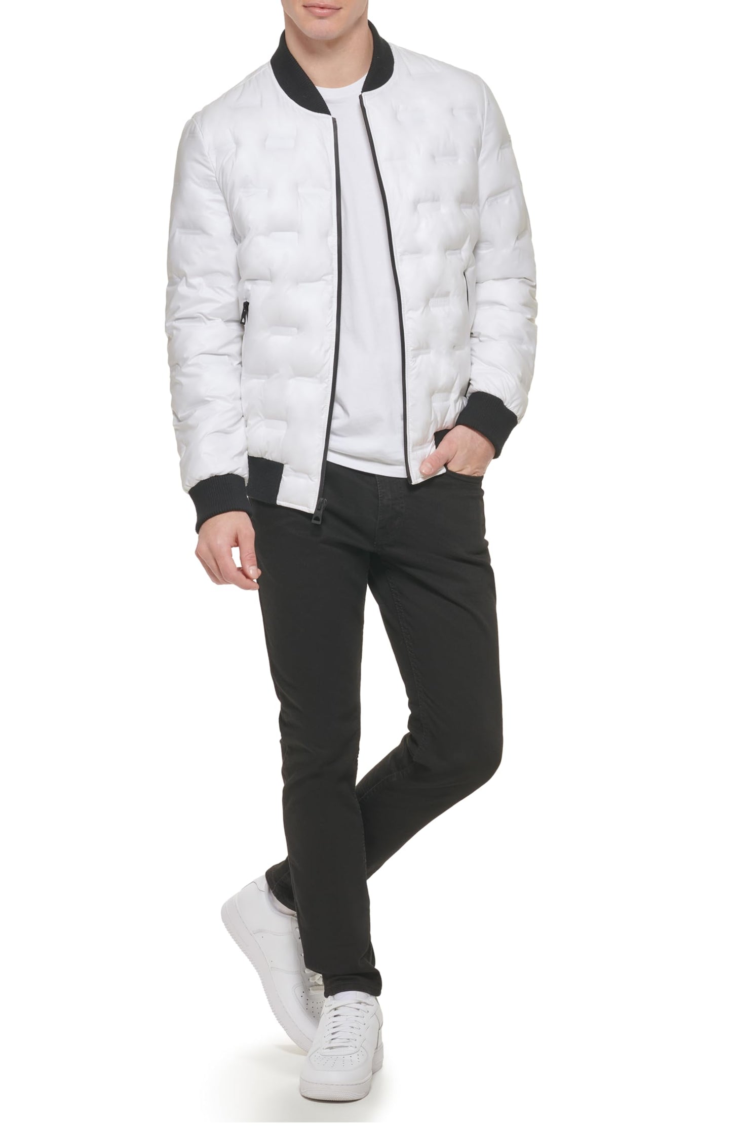 GUESS Men's Warm Rain Resistant Jacket, White, L