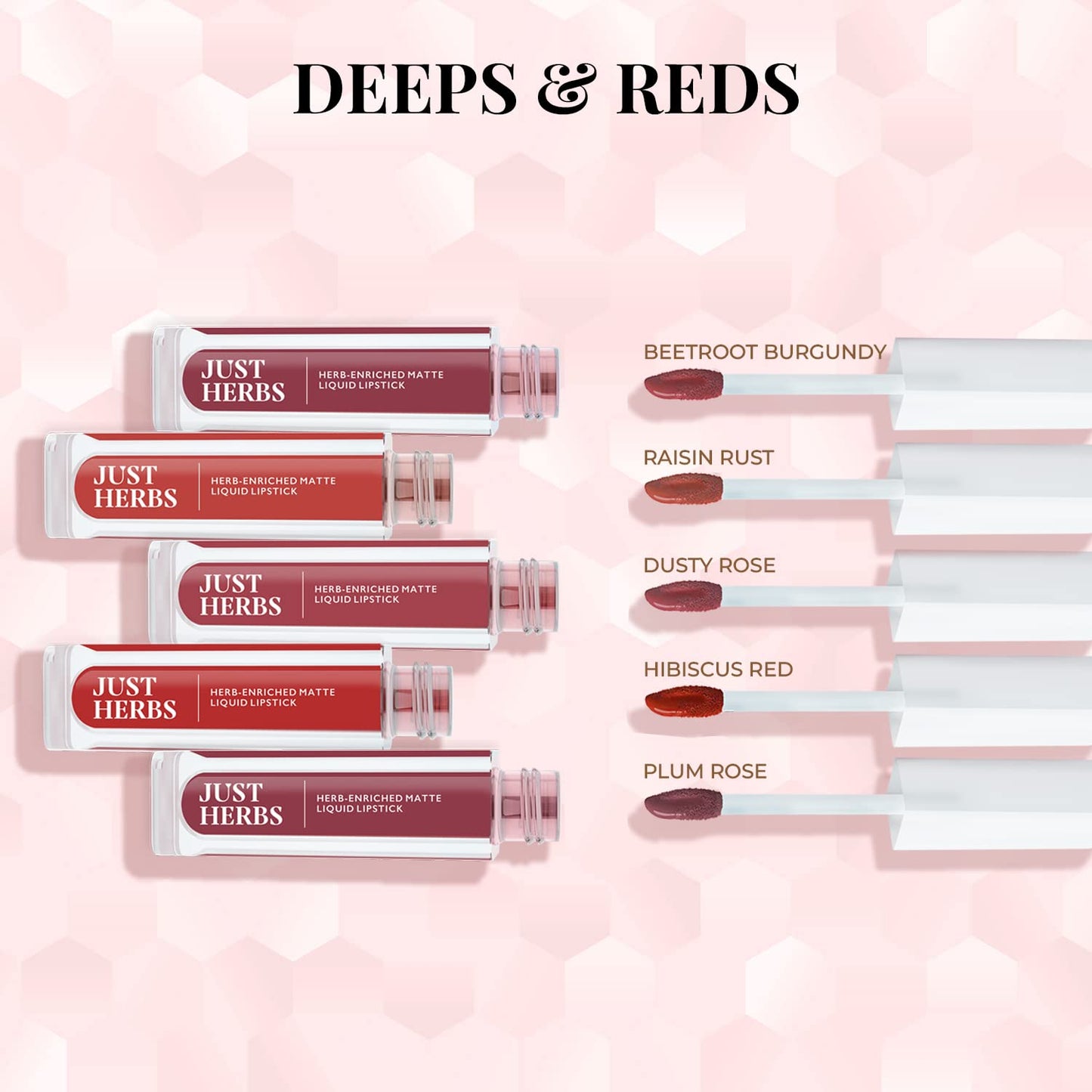 Just Herbs Ayurvedic Liquid Lipstick Kit Set of 5 with Long Lasting Matte Finish, Hydrating & Lightweight Lip Colour, Deeps & Reds - Paraben & Silicon Free - 5 ml (Pack of 2)