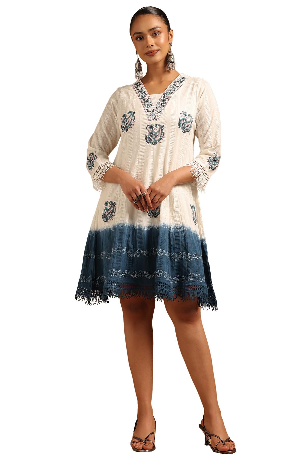 Soch Womens Off White Cotton Dobby Botanical Dress with Lace