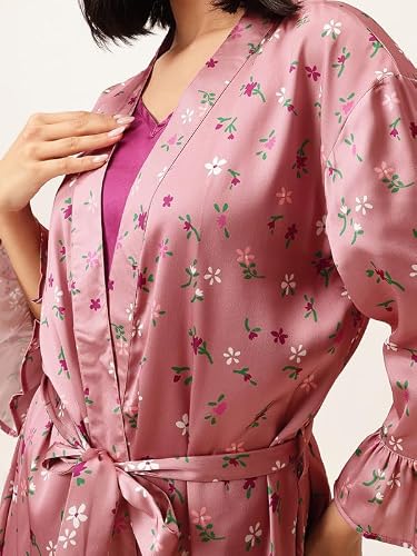 Clovia Women's Satin Pretty Floral Short Robe and Babydoll Set (NS6523R14_Pink_L)