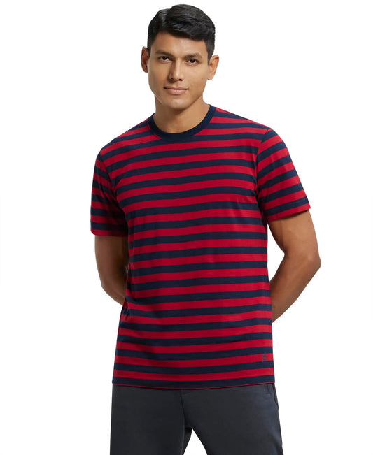 Jockey Men's Regular Fit Striped Round Neck Half Sleeved T-Shirt 2715_Navy & Shanghai Red_L