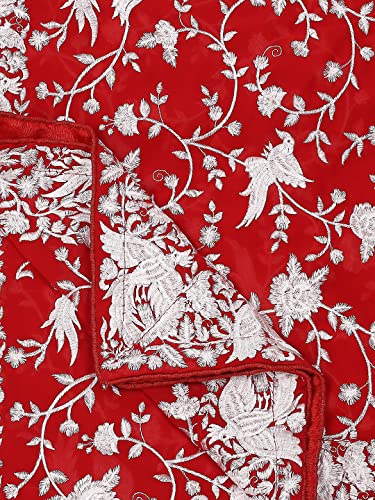 DUPATTA BAZAAR Women's Red Embroidered Parsi Gara Georgette White Thread Work Dupatta, free size