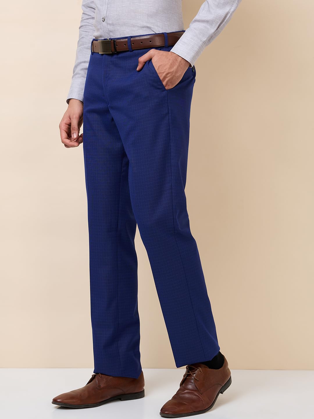 Park Avenue Men Regular Fit Checks Pattern Polyester Blend Flat Front Formal Trouser Blue