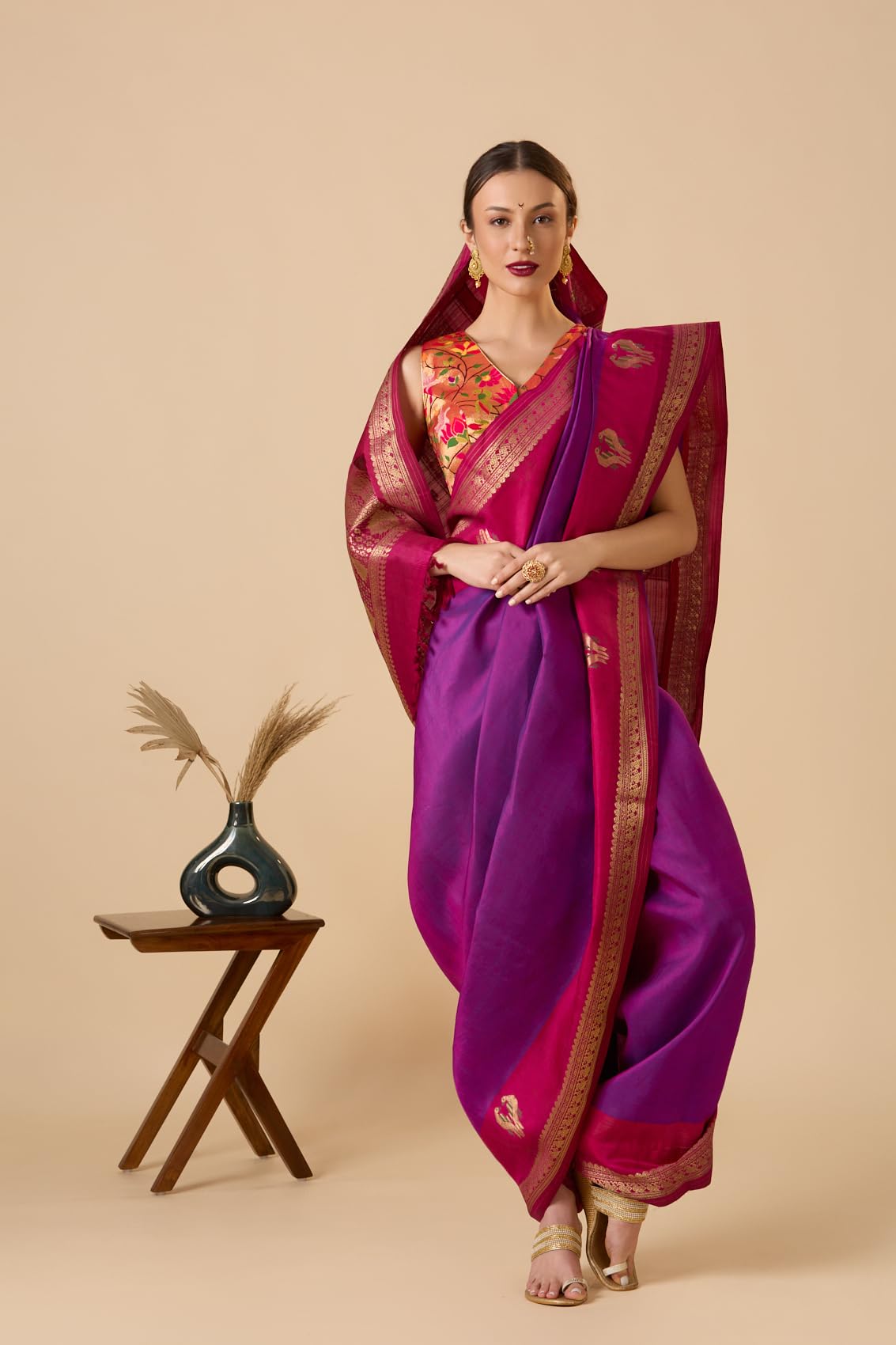 Rose Gold Paithani Silk Waistcoat Sleeveless Readymade Blouse