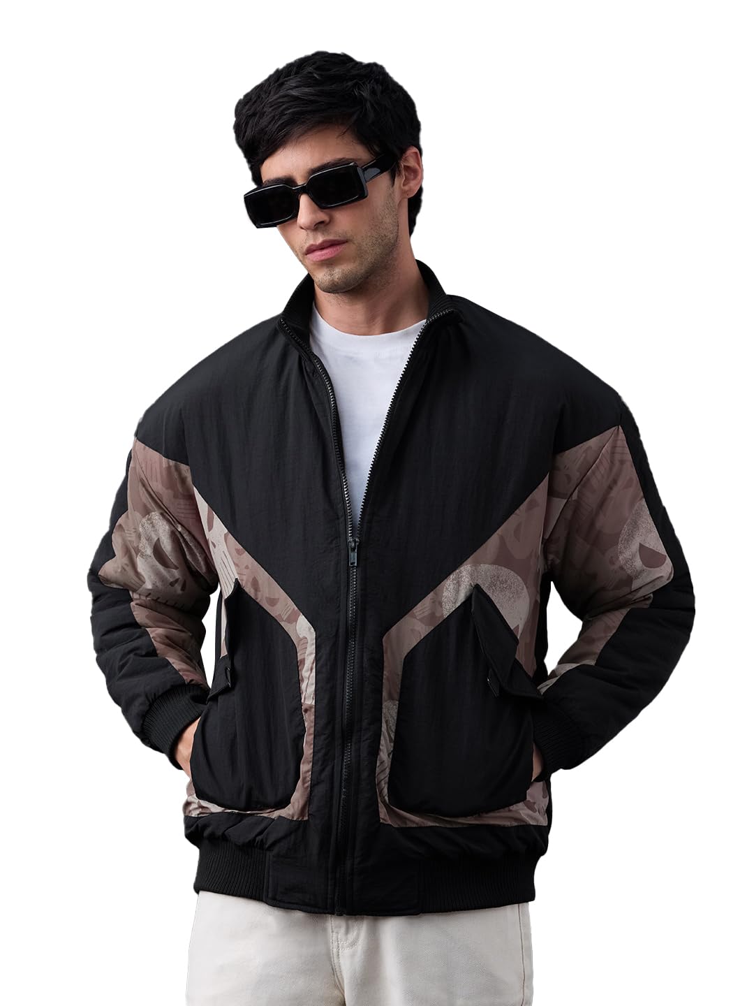 The Souled Store Punisher: Justice Men and Boys Full Sleeves Band Collar Black Camouflage Printed Polyester Regular Fit Lightweight Utility Pockets Winter Jacket