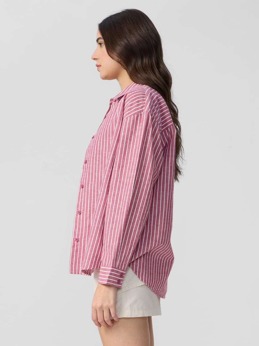 The Souled Store Cotton Linen Stripes: Roselle Women and Girls Long Sleeves Collared Neck Button Front Pink Cotton Linen Boyfriend Shirts