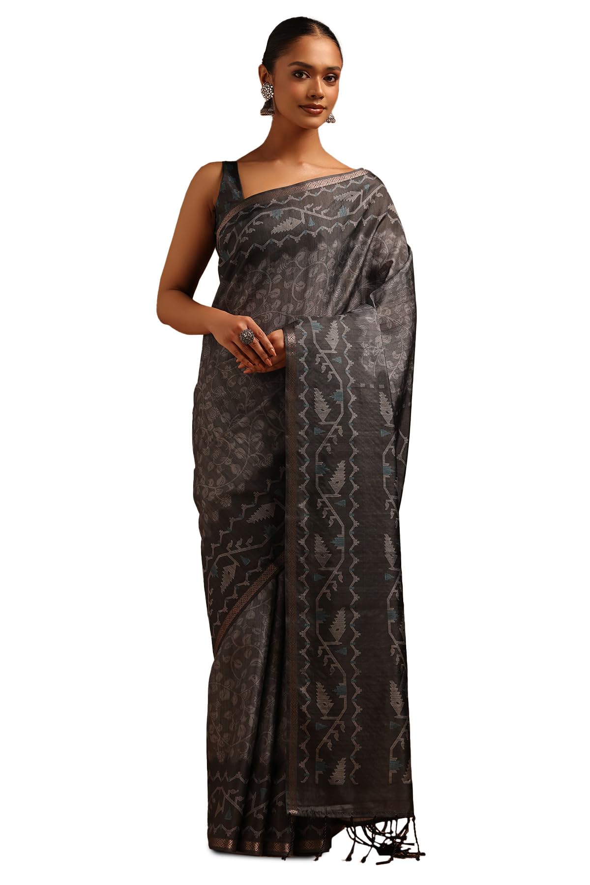 Soch Womens Black Tussar Botanical Saree