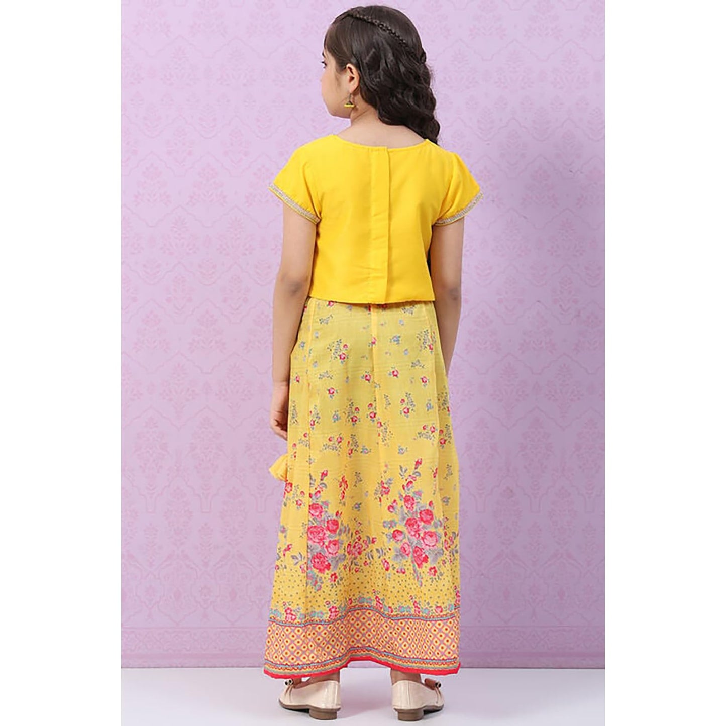 BIBA Girls Polyester Flared Self Design Lehenga Set (KW4960EAW22YEL_Yellow_15)