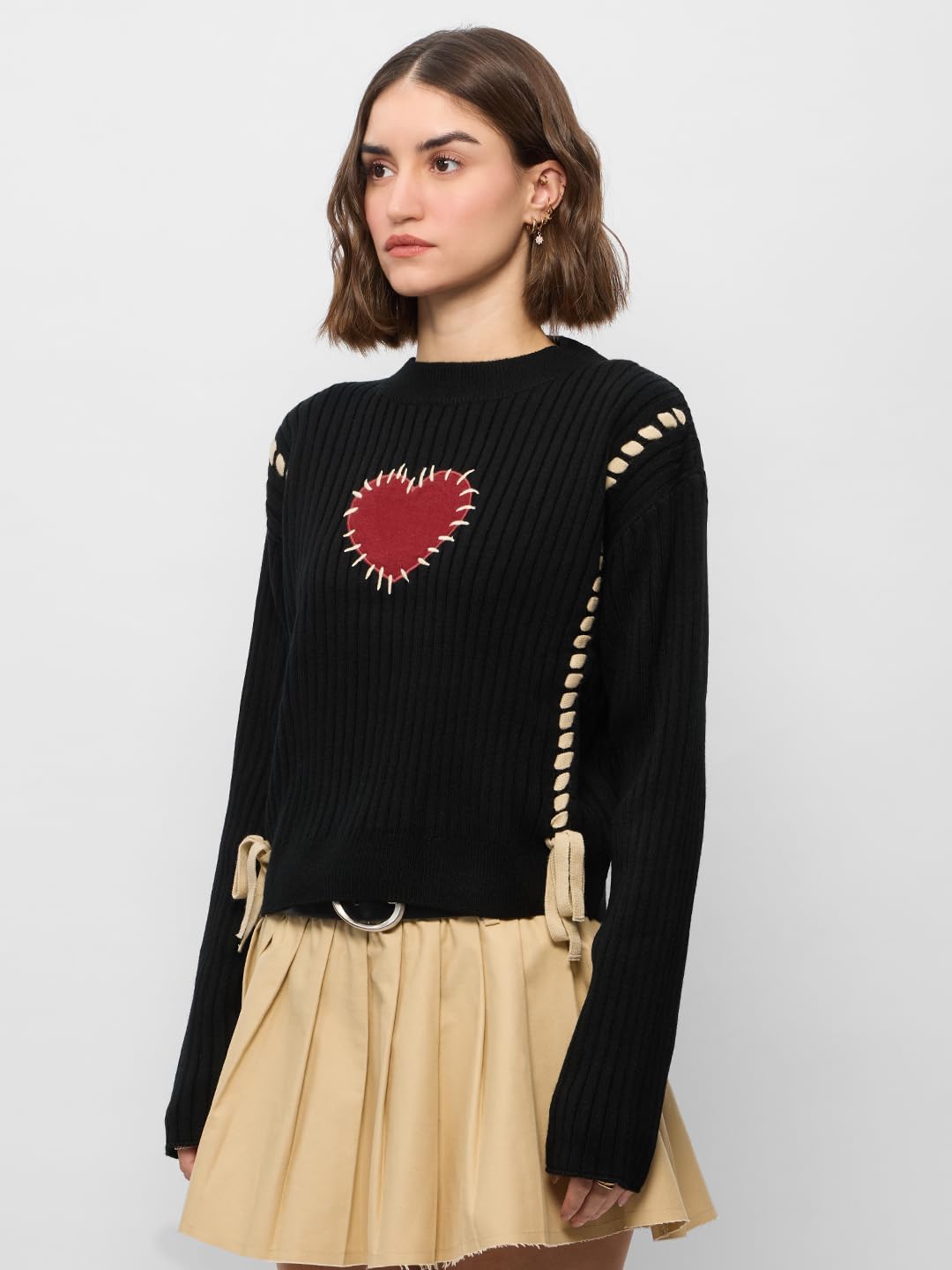 The Souled Store Knitted Sweater : Heartbreaker Women Oversized Sweater Black