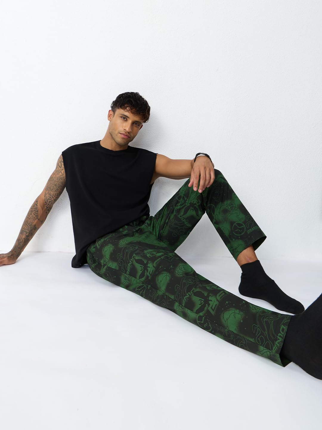 The Souled Store Ben 10 Alien Force: Heroic Graphic Print Men and Boys Elasticated Waist Black and Green All-Over Print Cotton Regular Fit Breathable Lightweight Lounge Pyjamas |Black