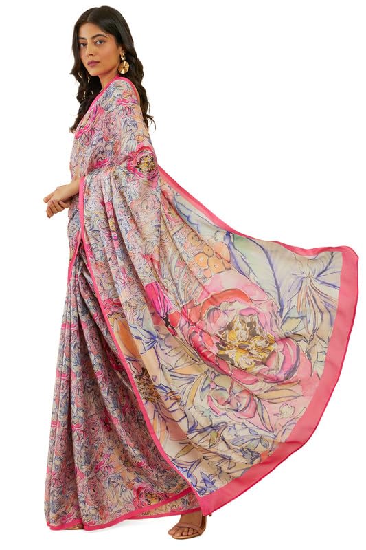 Soch Womens Pink Floral Print Crepe Saree