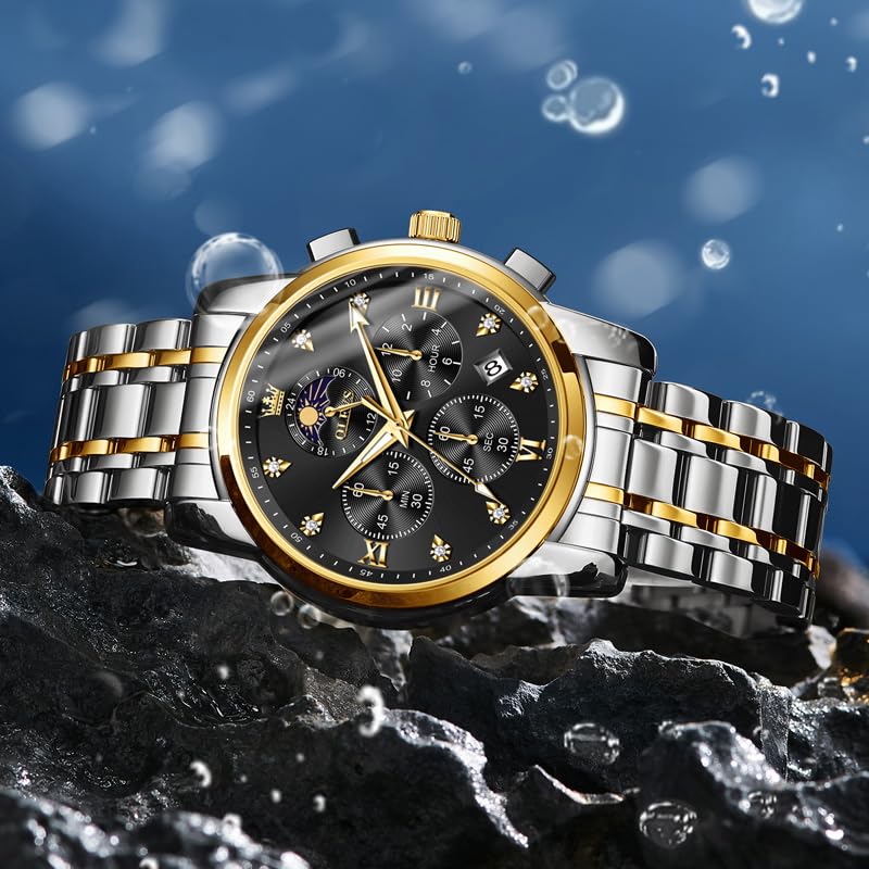 OLEVS Watch for Men Diamond Business Dress Analog Quartz Stainless Steel Waterproof Luminous Date Two Tone Luxury Casual Wrist Watch, silver black watches 3655, men watch
