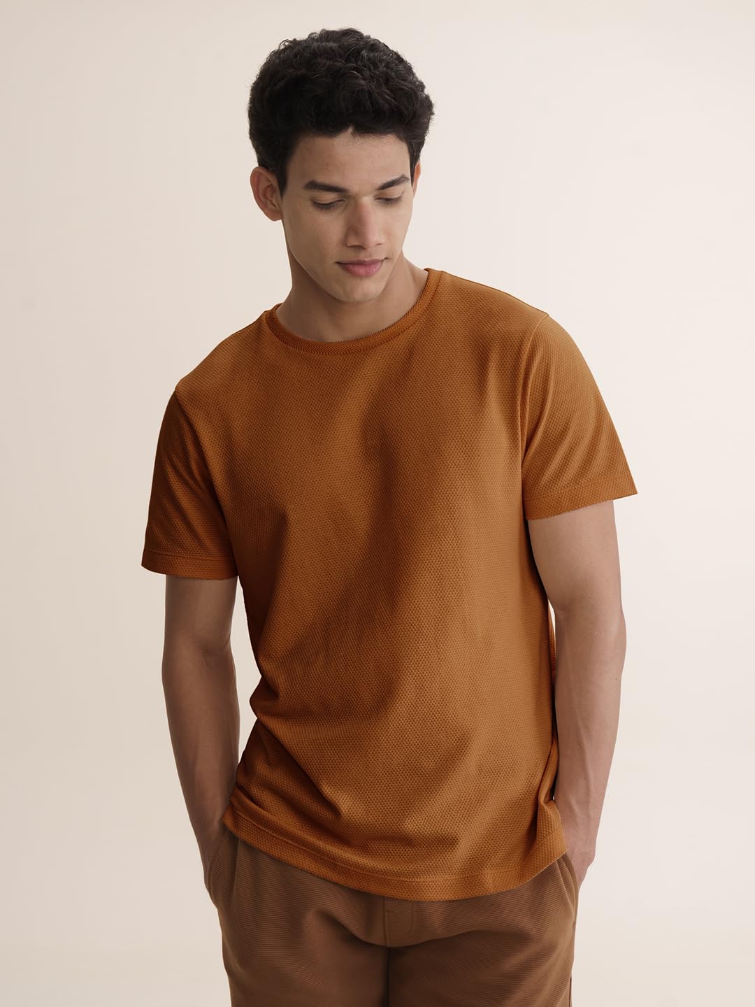 DAMENSCH Men Poly-Cotton Popcorn Textured Crew Casual T-Shirt-Pack of 1-Large Caramel Brown