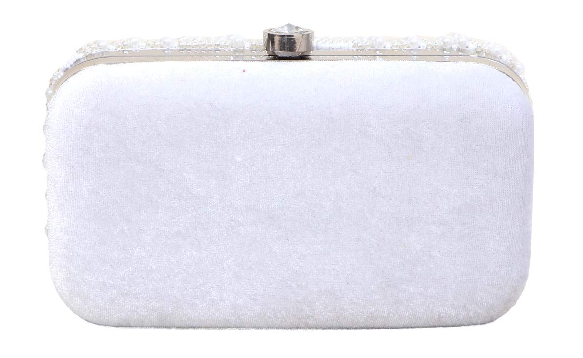 DUCHESS Women's Velvet Pearl Box Clutch with Detachable Chain Sling Strap - Hand Clutch Wallet Purse for Wedding Party, Casual (White, 7 x2x 4 inches)