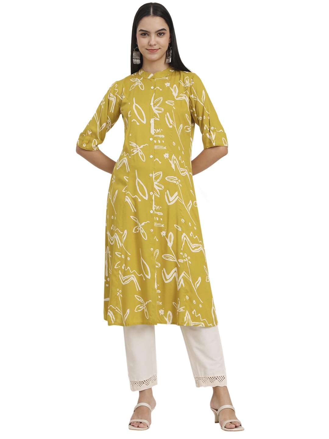 Divena Mustard Abstract Rayon A-Line Kurta (DBK1458)