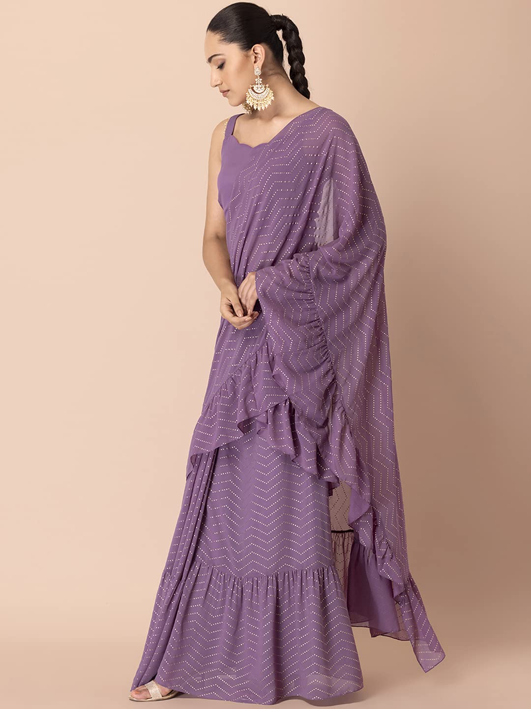 Indya Women's Georgette Pre-Stitched Saree (Purple)