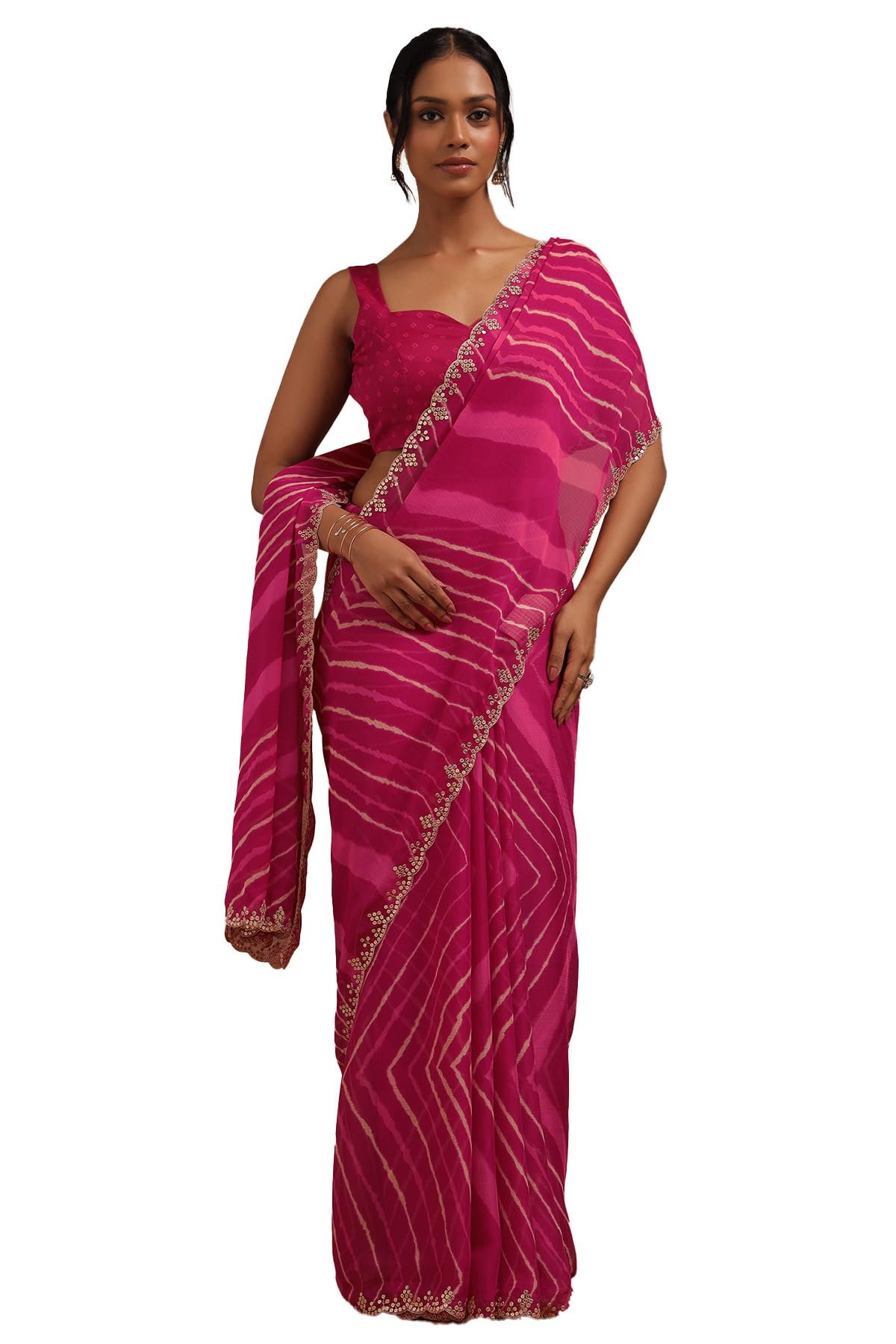 Soch Womens Fuchsia Georgette Leheriya Print Saree With Sequins