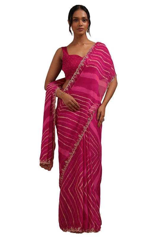 Soch Womens Fuchsia Georgette Leheriya Print Saree With Sequins