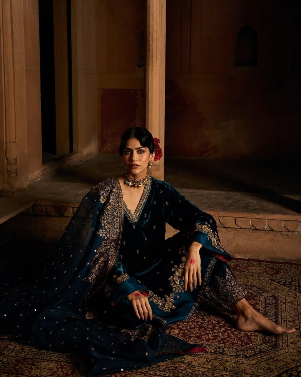 Brulry Women's Velvet Embroidered Teal Straight Kurta Suit Set with Pant and Dupatta