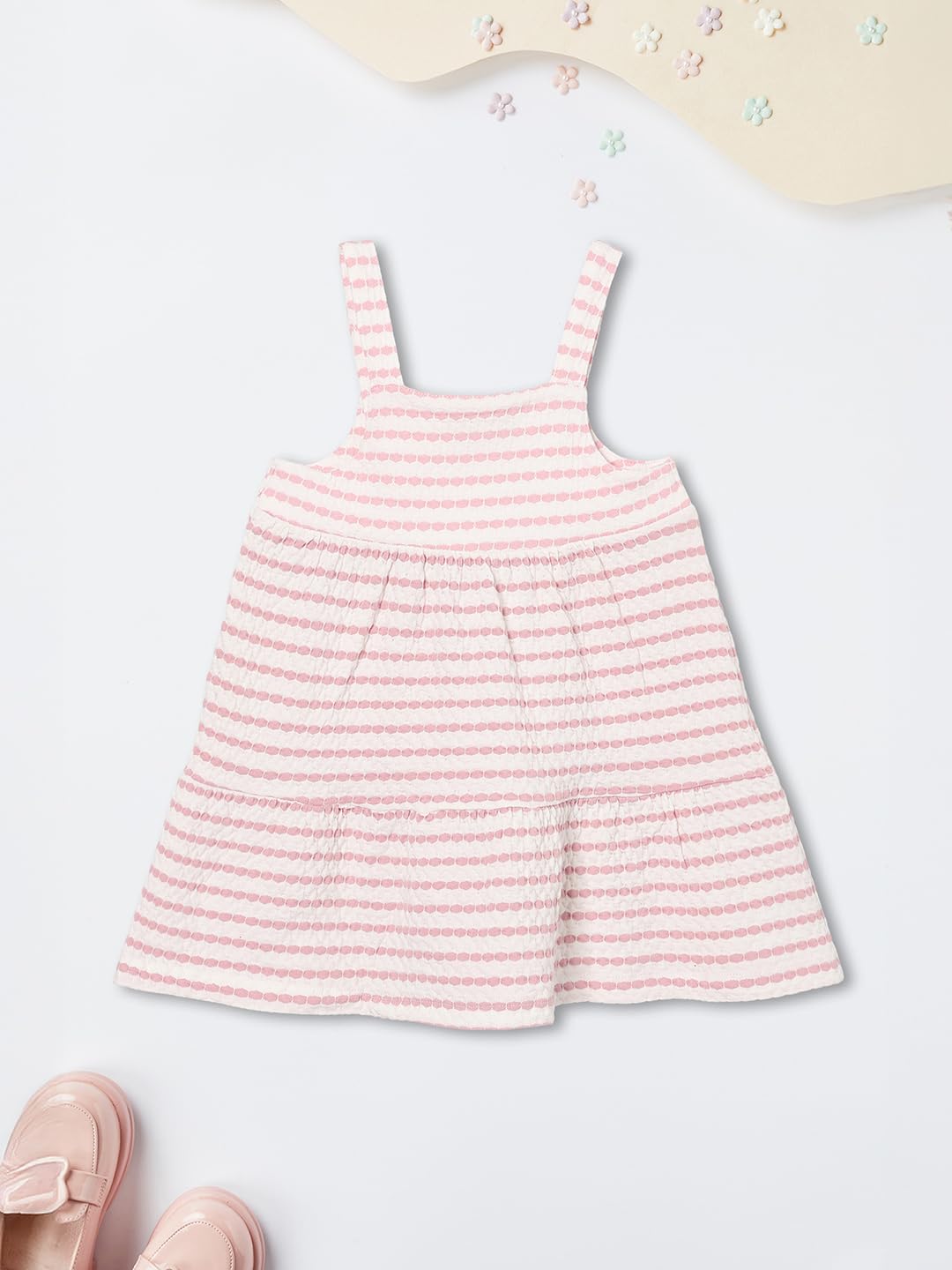 Max Girls Striped Pinafore Dress with T-Shirt (Pink_18-24 M)