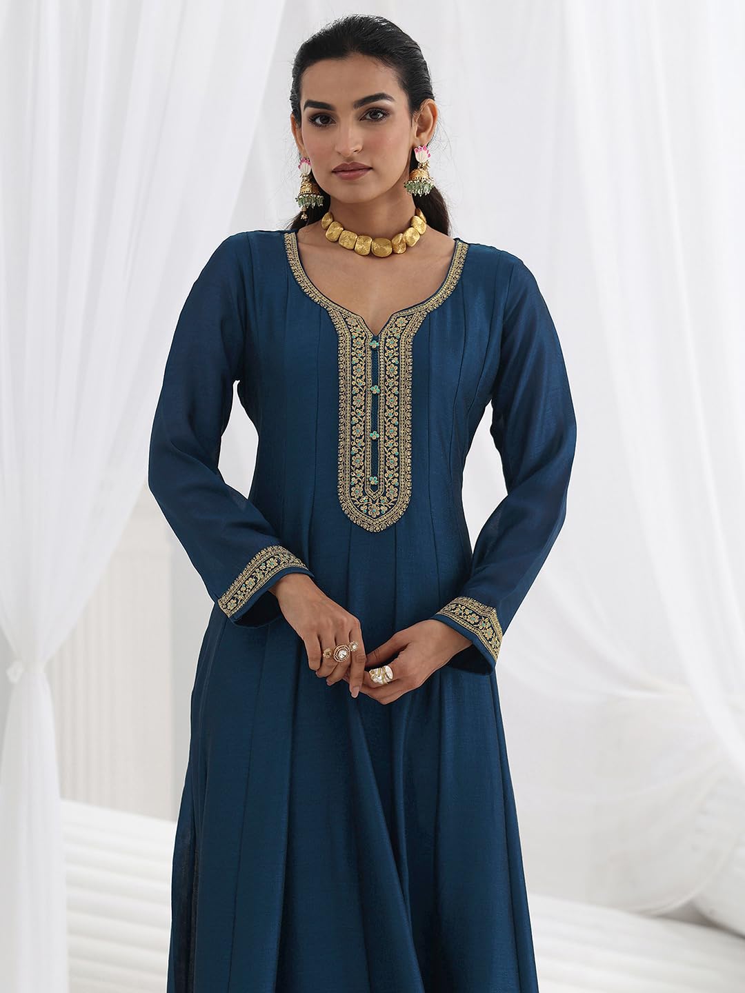 Libas Embroidered Silk Blend A-Line Ethnic Dress with Dupatta-93604L
