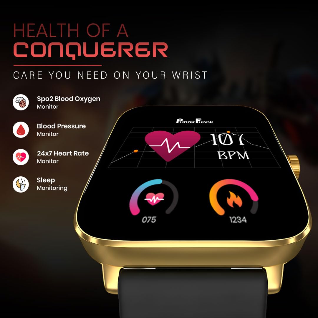 PunnkFunnk NovoLux HD Display Smartwatch for Men & Women | Bluetooth Calling | Heart Rate | Sleep Monitor | 113+ Sports Modes | IP67 Waterproof Smartwatch for Android & iOS - (Gold Dial Black)