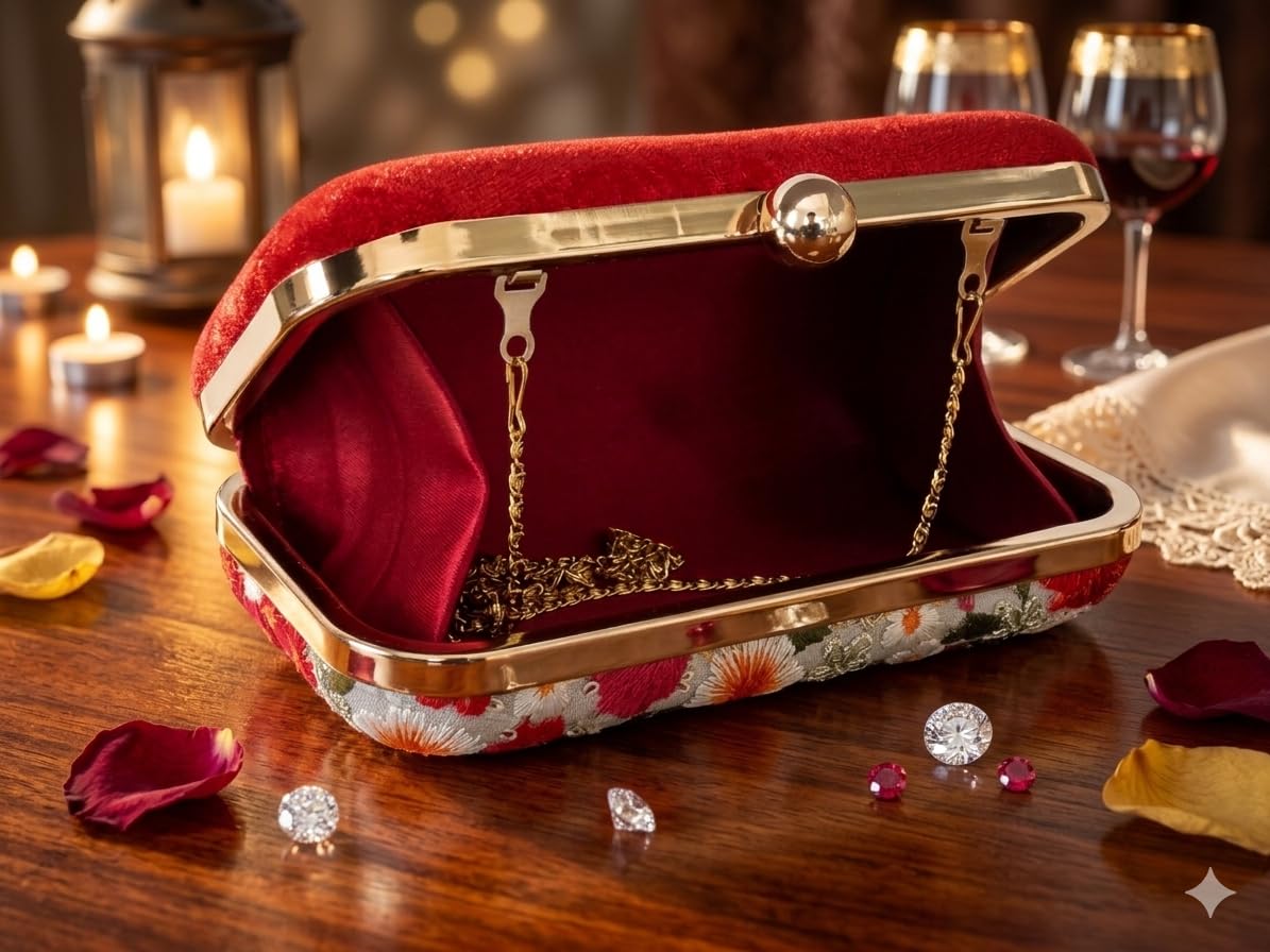 DUCHESS Women’s Embroidered Floral Box Clutch Bag – Silk Wedding Purse with Gold Metal Frame and Detachable Chain Strap – Ethnic Indian Bridal Handbag for Parties, Proms, and Evening Events