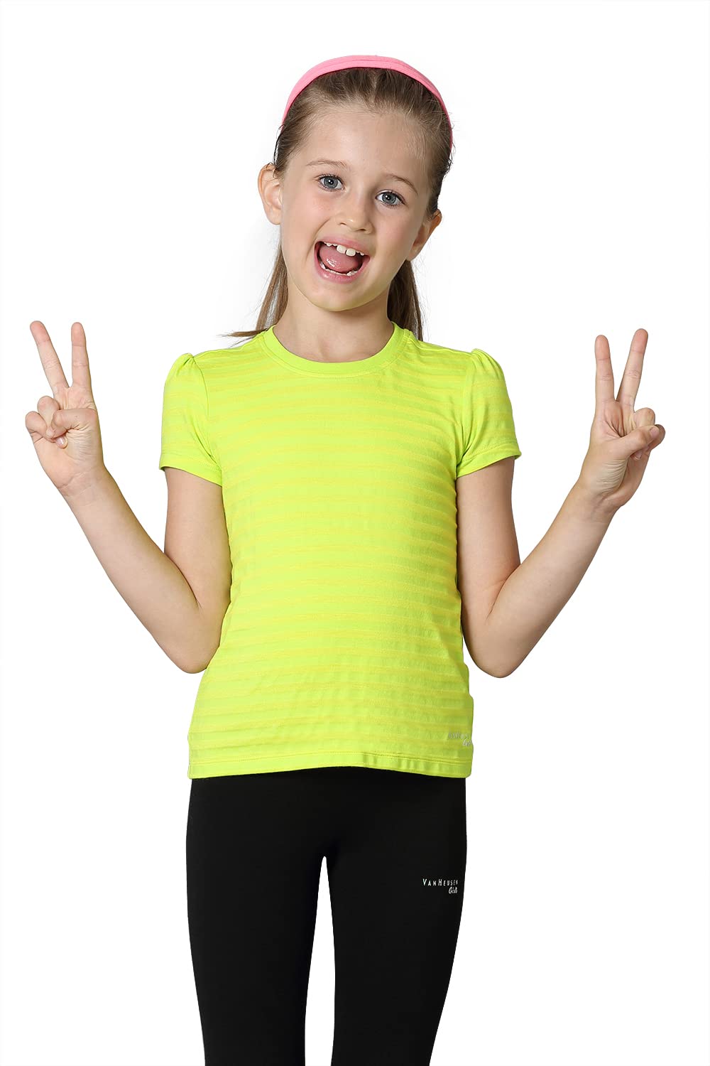 Van Heusen Girls T-Shirt - Power Plus Cotton Modal Spandex - Tonal Stripe, Round Neck, Short Sleeve_56402_Acid Lime_7-8 Years