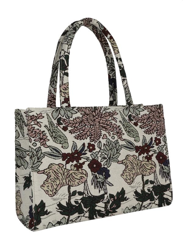 MINI WESST Women's Beautiful White Animal Print Fabric Tote Bag For Occasion, Office and College