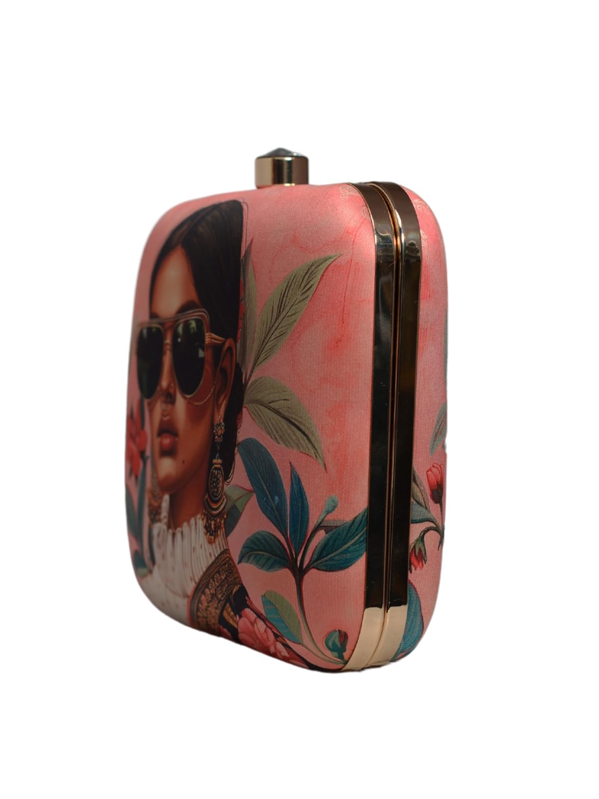 Artklim Pink & Green Mordern Indian Girl Printed Artistic Sling Bag for Women - Box Clutch with Golden Detachable Strap - Chic Fashion Handbag
