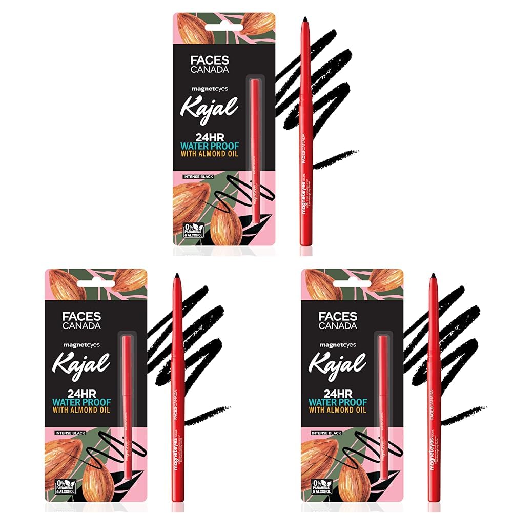 FACESCANADA Magneteyes Kajal Stick- Black, 0.35G | 24 Hr Long Stay | One Stroke Smooth Glide | Waterproof, Smudgeproof & Fadeproof | Deep Matte Finish | Enriched With Almond Oil&Vitamin E(Pack Of 3)