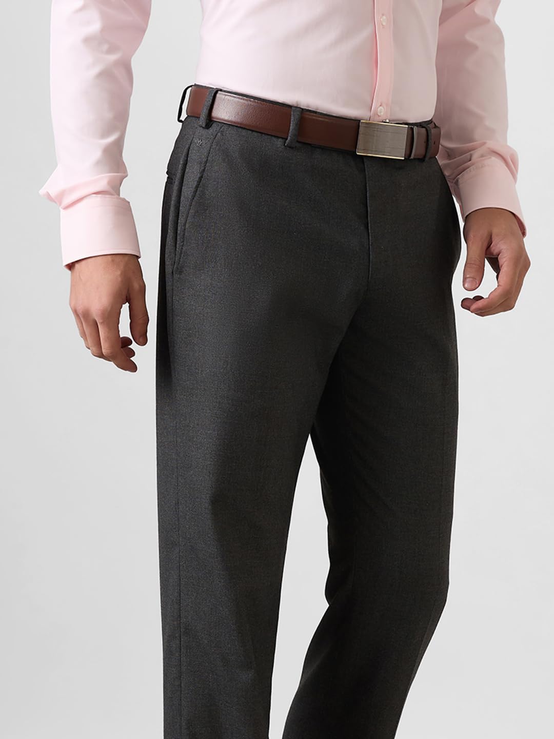 Park Avenue Men Regular Fit Solid Pattern Polyester Blend Flat Front Formal Trouser Dark Grey