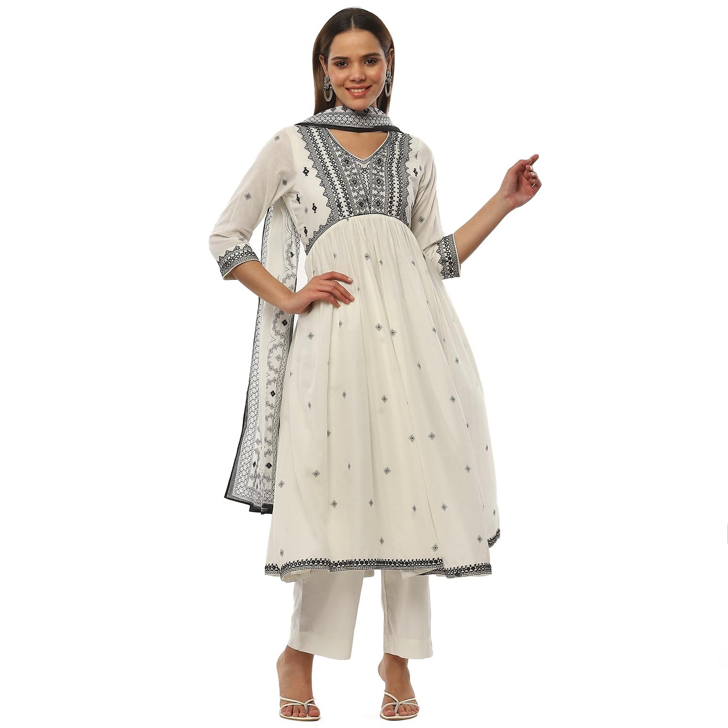 BIBA Women Cotton Gathered Suit Set (Off White)