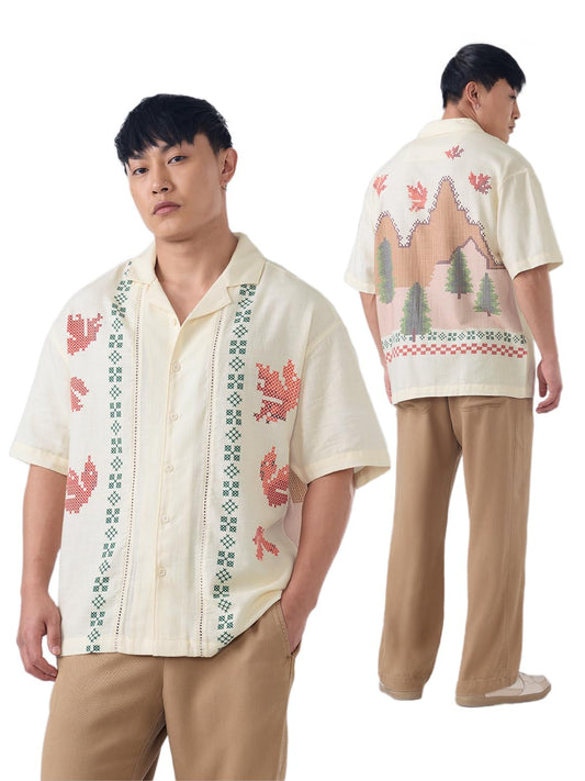 The Souled Store: Autumn Men and Boys Short Sleeve Cuban Collar Off White Printed Casual Drop Shoulder Streetwear Cotton Oversized Shirts