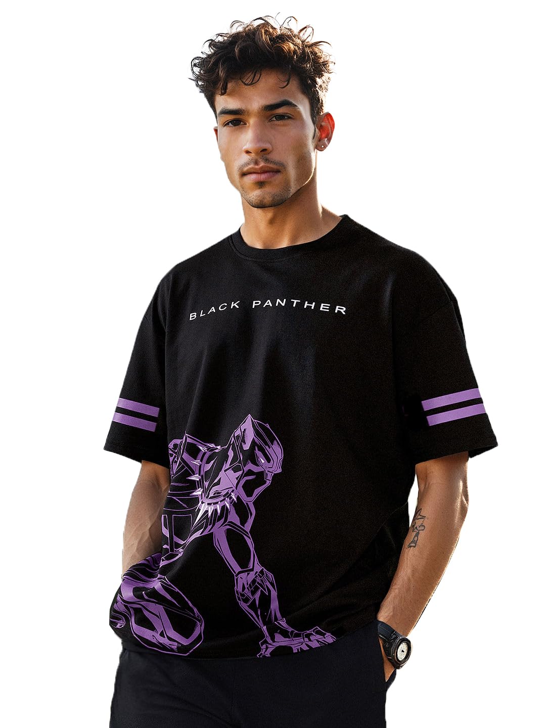The Souled Store Official Black Panther Panther Power Black Oversized T Shirts for Men Baggy Off-Shoulder Loose Fit Relaxed Drop Shoulder Half Sleeve Round Neck Back Printed