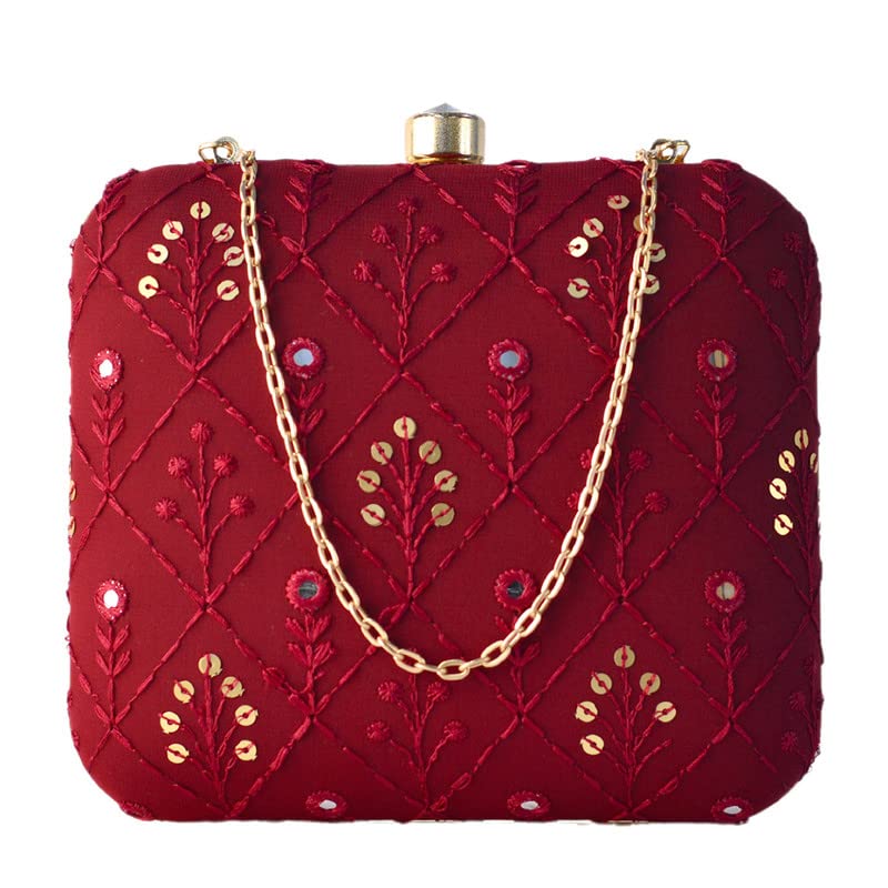 Artklim Maroon Color Embroidered Box Shaped Clutch