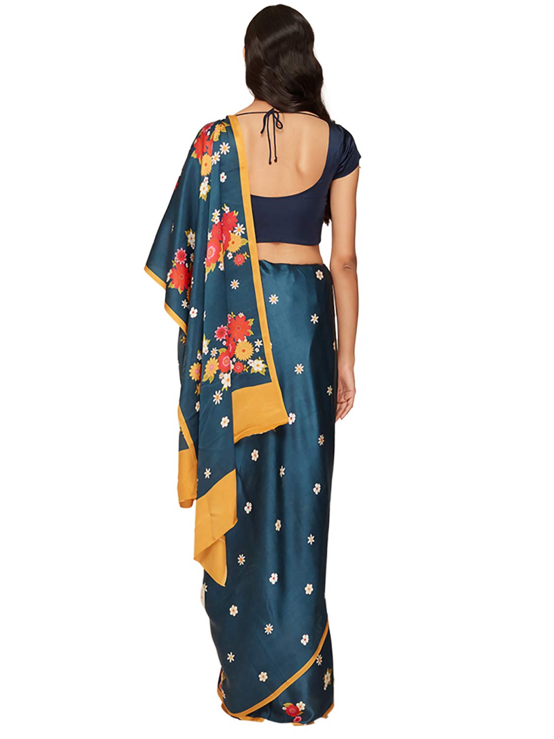SATYAPAUL Women's Printed Satin Georgette Saree With Blouse Piece (8907544986277_Dark Blue)