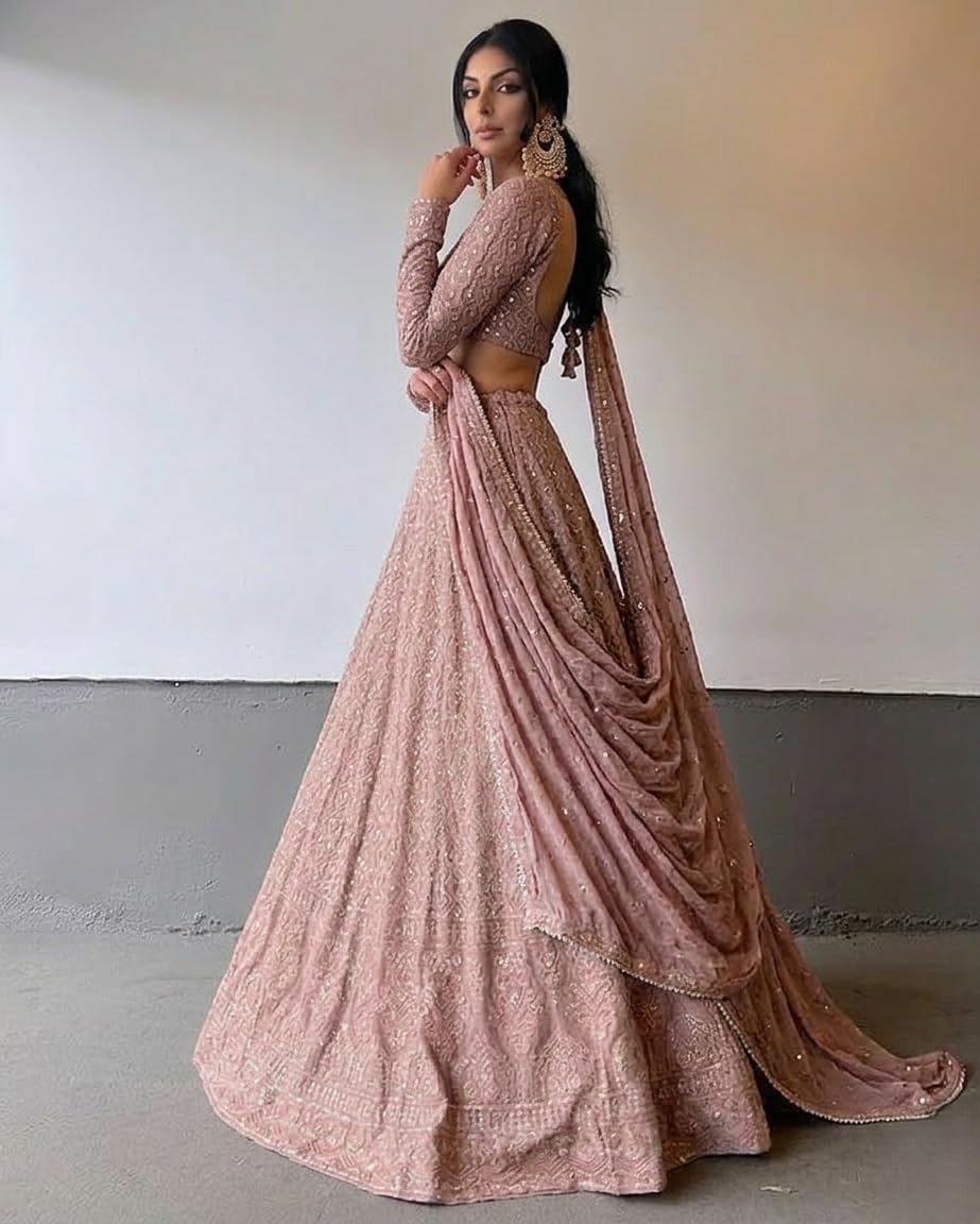 JIHU CULTURE Pink Georgette Sequence Lucknowi Embroidery Work Semi sttiched Lehenga choli set for women (pink)
