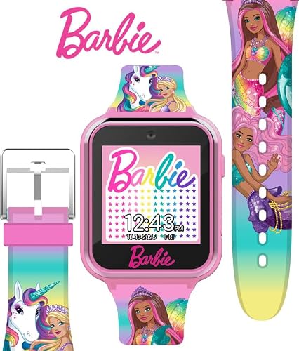 Barbie Kids Smartwatch - Interactive Fun with 10 Watch Faces, Camera, Games, Alarm, Step Tracker & More - Stylish Gift for Girls with Printed Unicorn & Mermaid Straps - Fits Wrists 5.5'' to 8.5'',