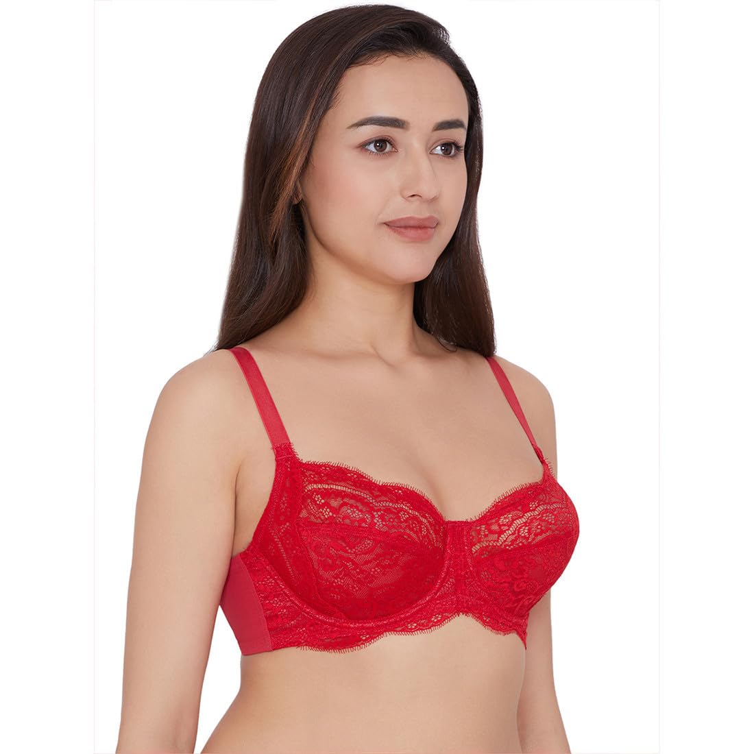 India Essential Lace Non Padded Wired Full Cup Lace Bra(Red, 34D)