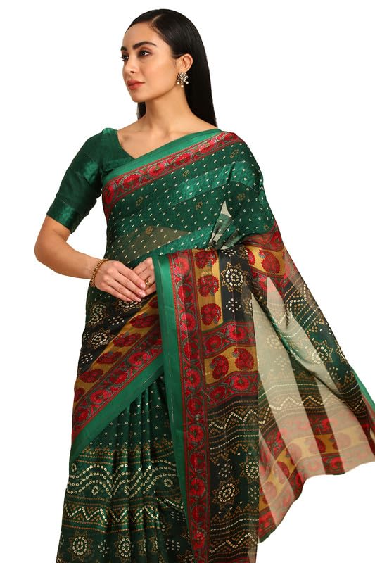 Soch Womens Green Chiffon Bandhani Print Saree