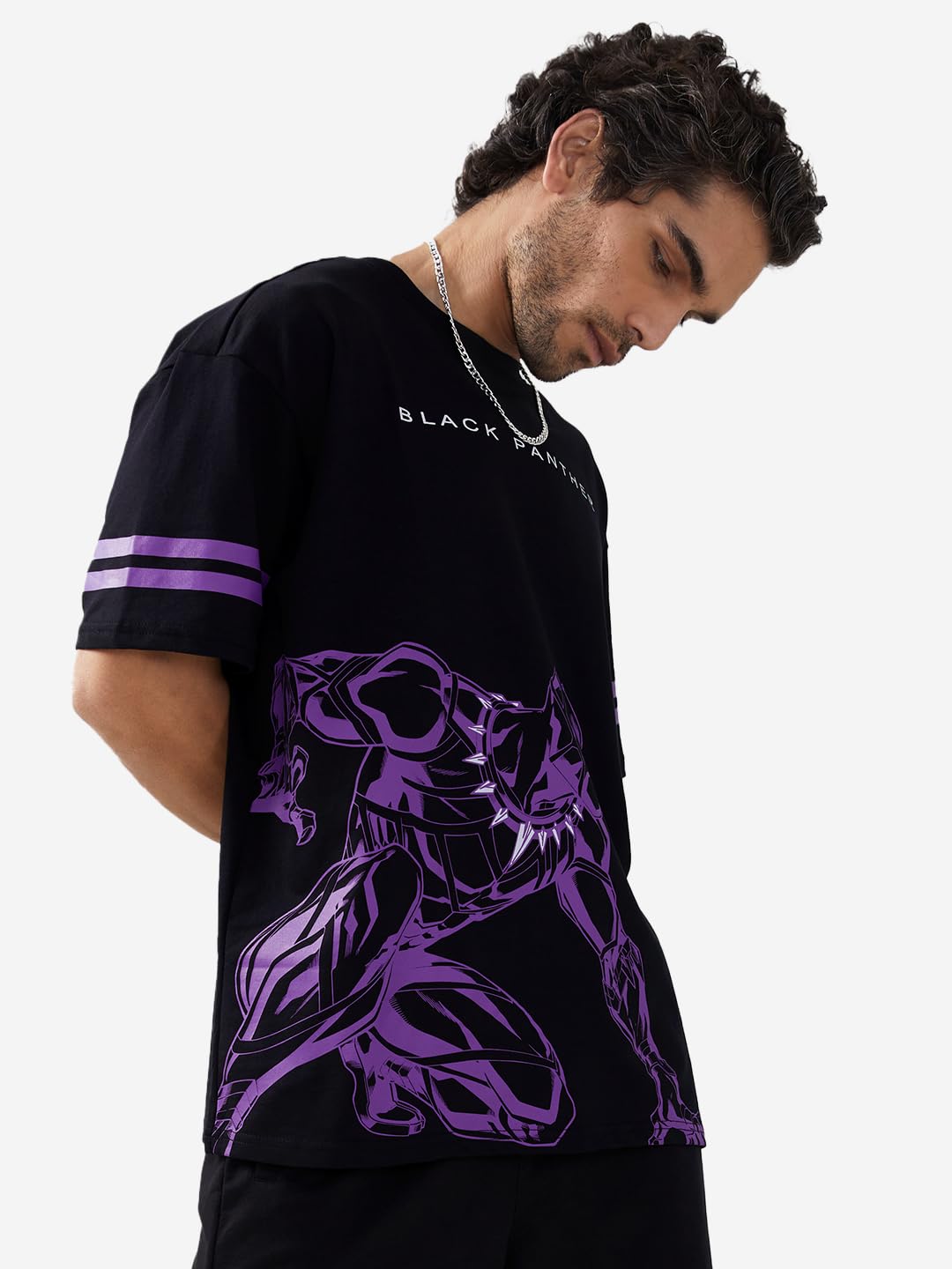 The Souled Store Men's Loose T-Shirt (190215_Black Oversized T Shirts for Men Baggy Off-Shoulder Loose Fit Relaxed Drop Shoulder Half Sleeve Round Neck Back Printed