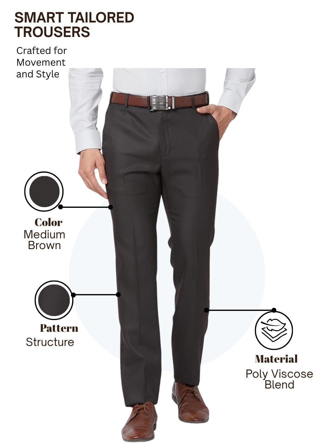 Raymond Men's Slim Fit Formal Trousers, Poly Viscose Blend, Structure Pattern | Medium Brown
