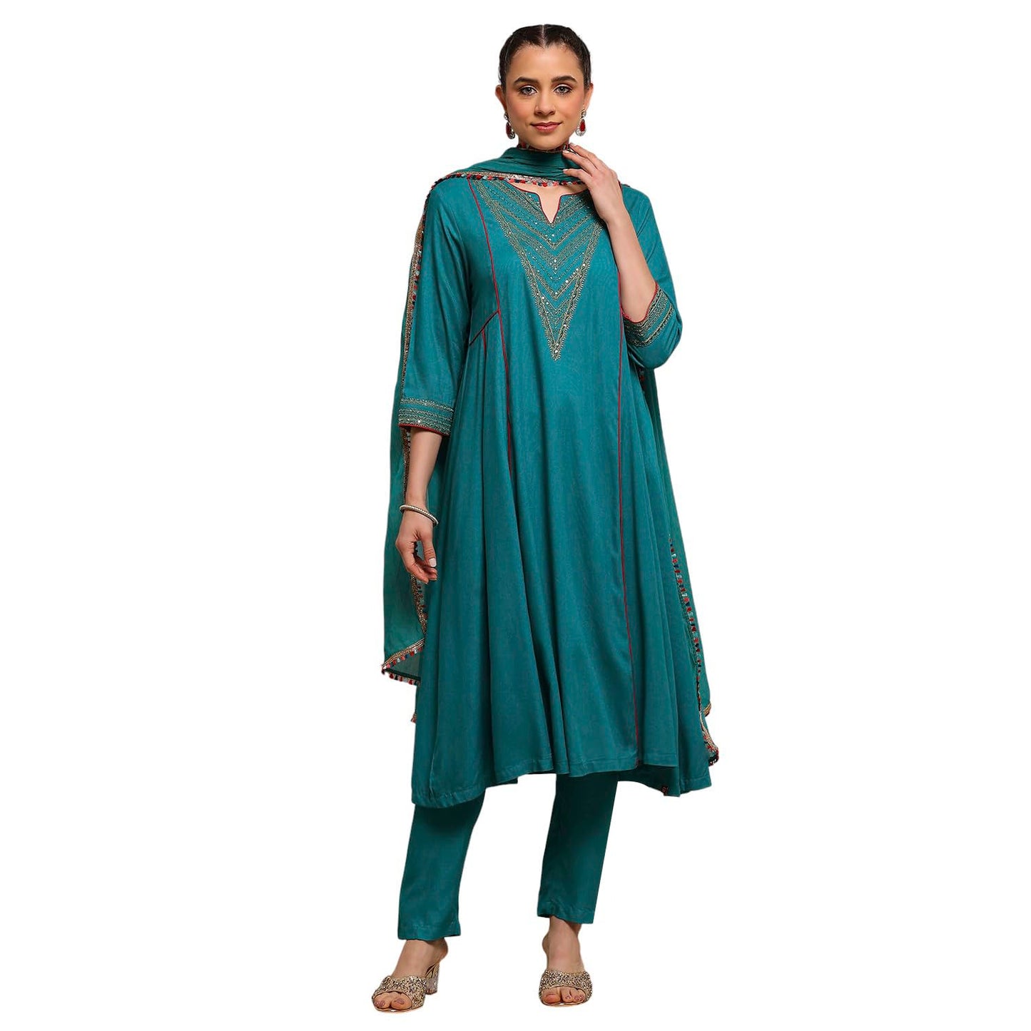 Biba Women Teal Green Viscose Rayon Straight Solid Suit Set_46