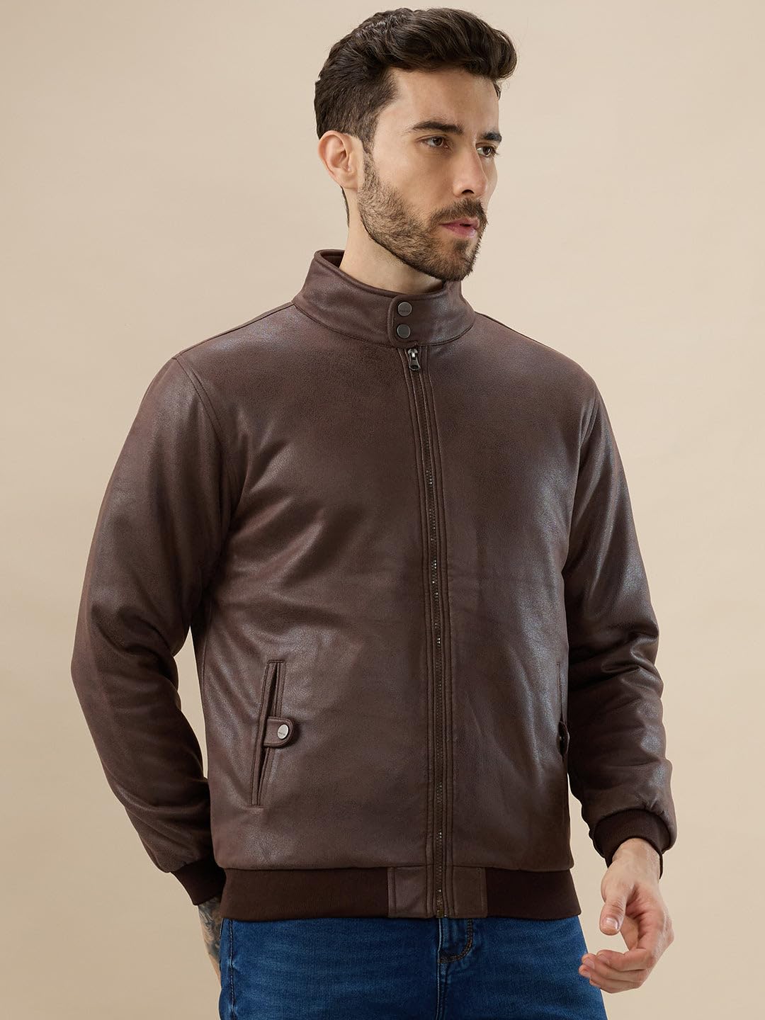 Status Quo Men's Solid Leather Textured Stand Collar Bomber Jacket | 100% Polyester | BROWN | M Size