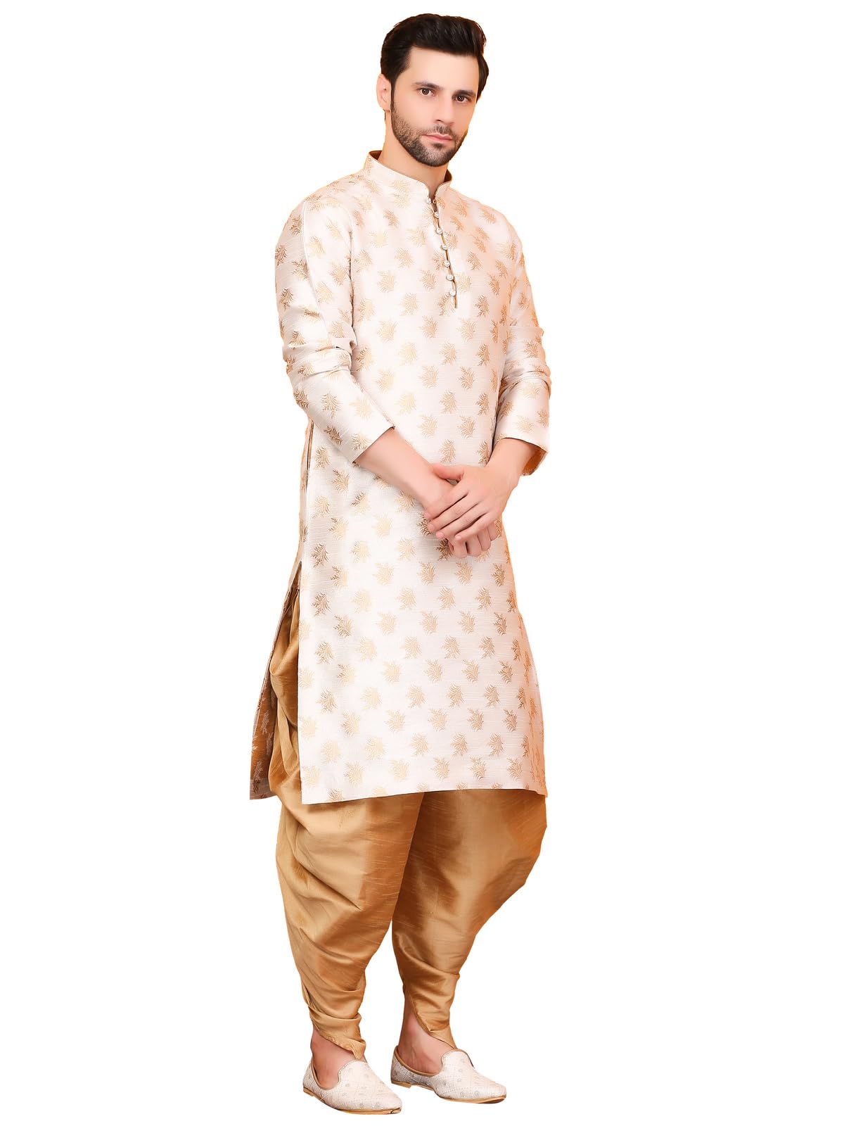 Over Crowd Men New Look Floral Gold Leaves Jacquard Kurta & Salwar Set (Cream & Gold);Size:42, XL