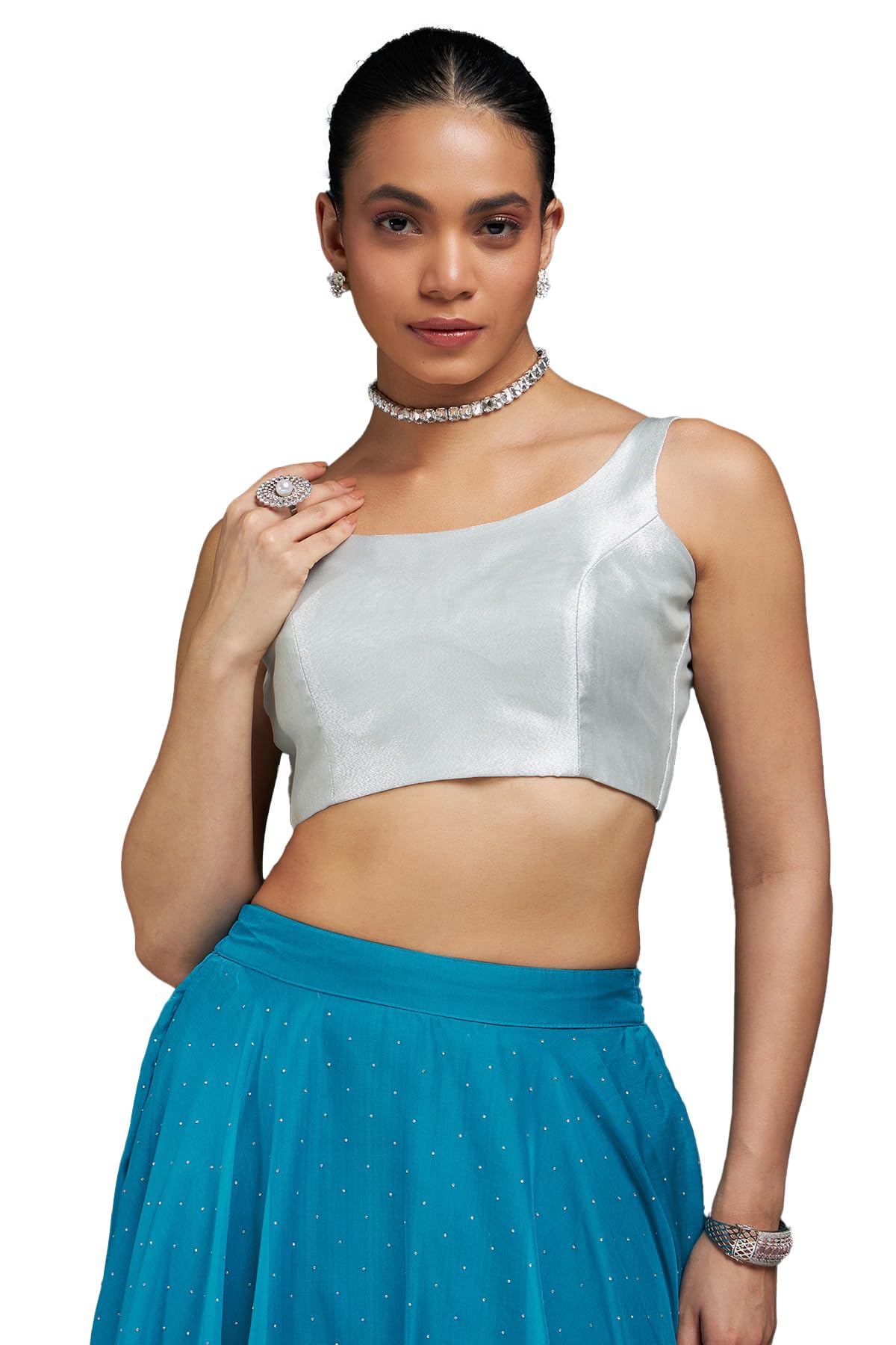 Soch Women's Tissue Sleeveless Regular Fit Blouse (BLSLGRY00243B_Silver 40)